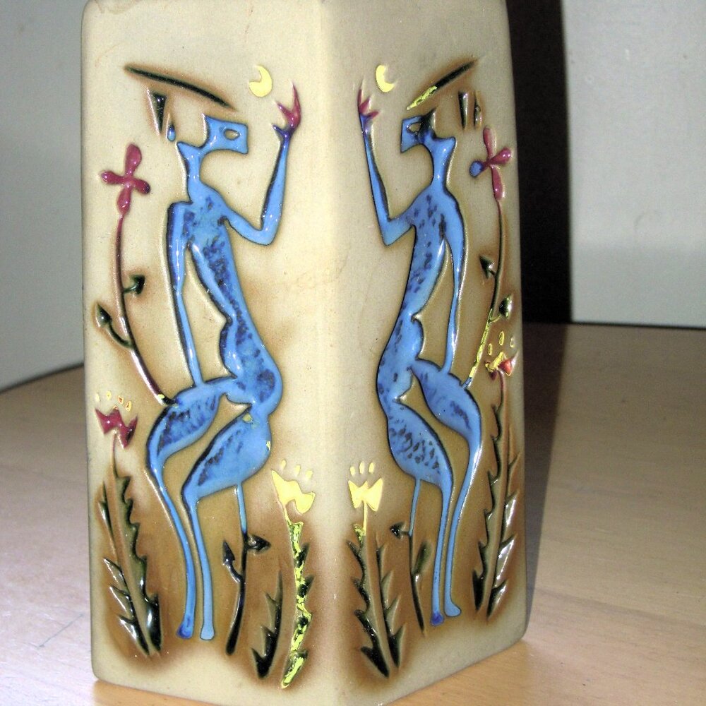 Vintage brutalist pottery vase Enamel Figurine Ant Grasshopper? Abstract MCM
